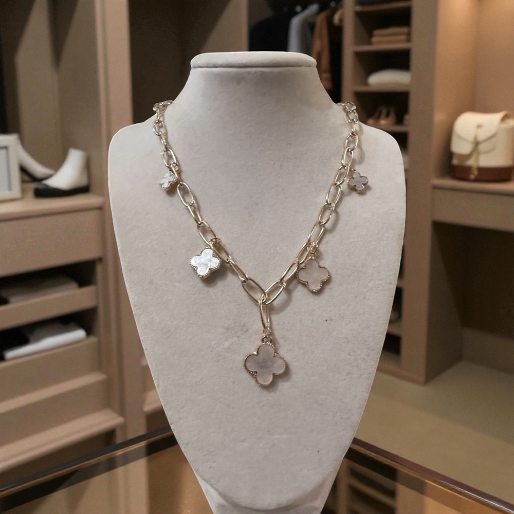 Elegant Gold Chain Necklace with White Clover Charms NWT